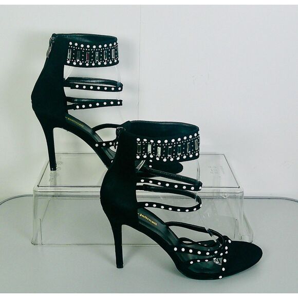 JOLIMALL WOMEN BLACK STRAPPY PEARL & RHINESTONE HEELS. SIZE 11 - Picture 2 of 4